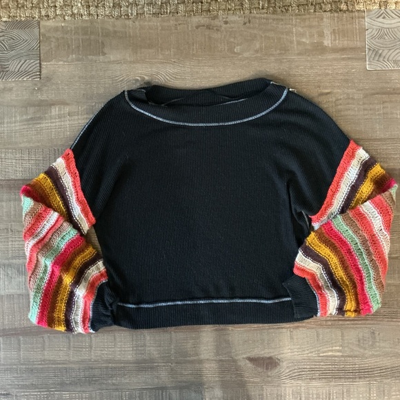 We The Free Black Knit Sweater With Colorful Balloon Sleeves and White Stitching - Picture 5 of 5
